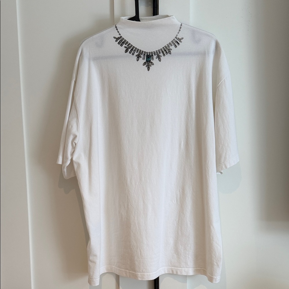 White Short Sleeve Tee with Embellished Neckline